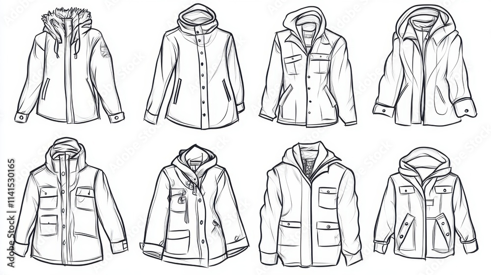A creative representation of a variety of outerwear clothing items. A creative representation of a variety of outerwear clothing items.