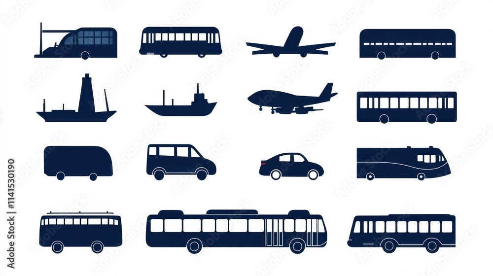 A collection of transport silhouette icons in glyph style. A collection of transport silhouette icons in glyph style.