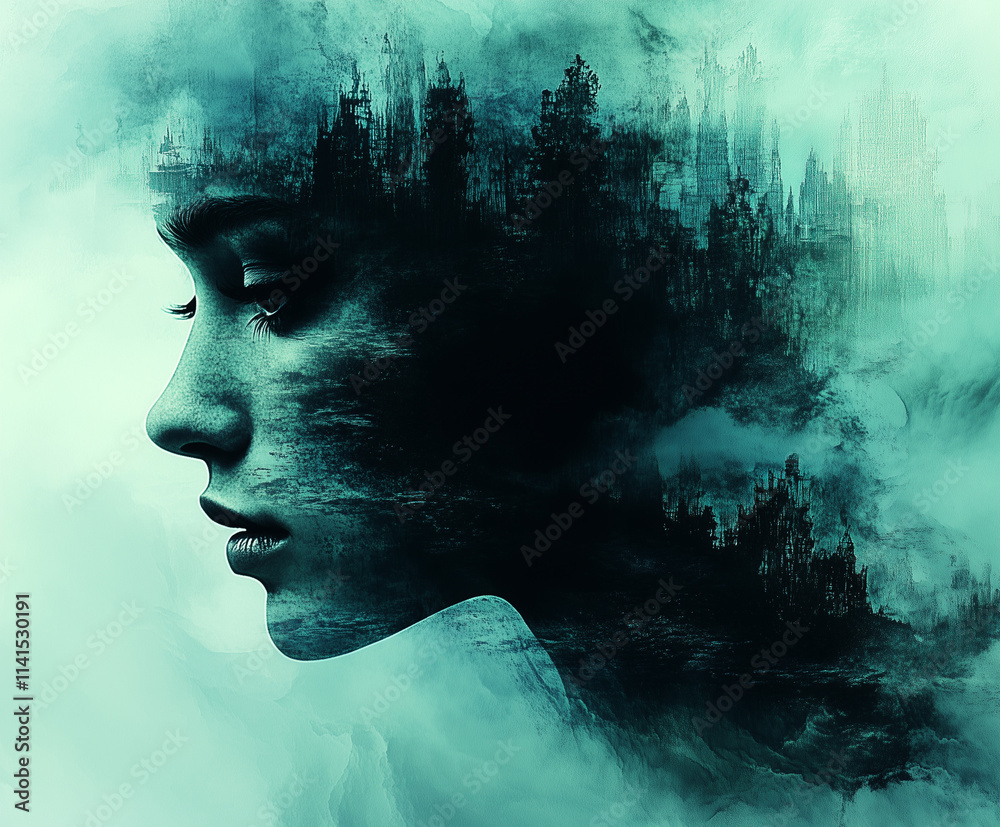blue watercolor woman face with trees blue watercolor woman face with trees