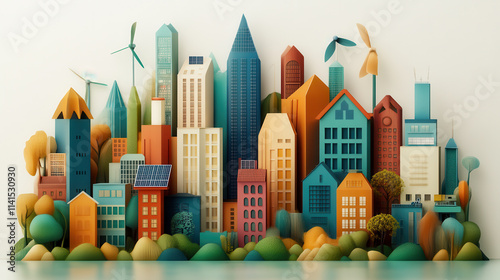vibrant cityscape featuring colorful buildings, renewable energy sources, and lush greenery, showcasing sustainable urban environment