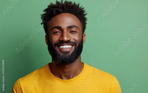 man with casual t-shirt is smiling at the camera, solid color background