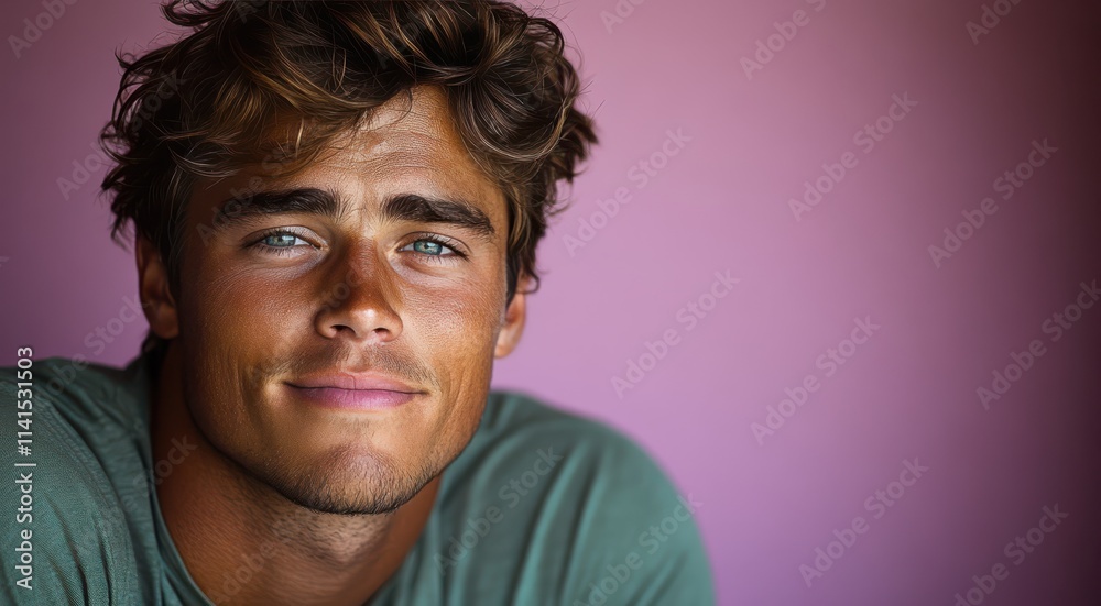 Fototapeta premium man with casual t-shirt is smiling at the camera, solid color background