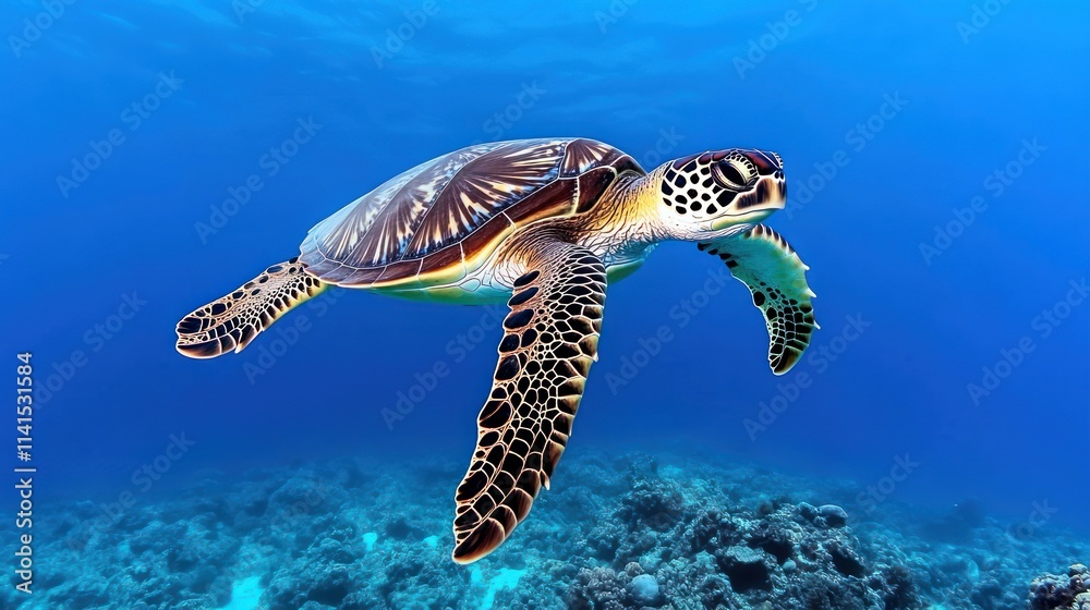 Fototapeta premium A green sea turtle gracefully swims through clear blue waters.