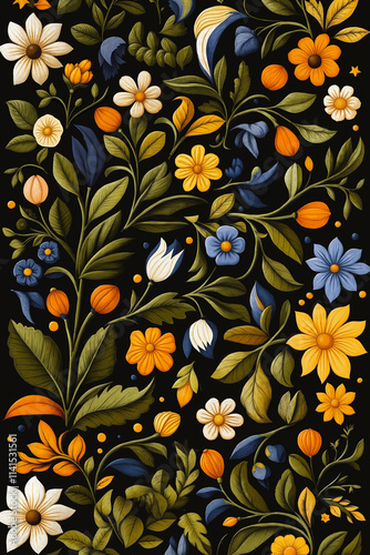 A black background with a bunch of flowers and leaves