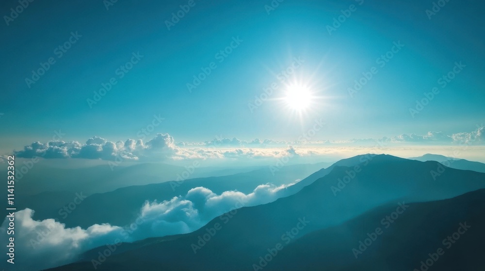 Fototapeta premium Serene Mountain Landscape with Vibrant Sky and Bright Sunlight Over Peaks