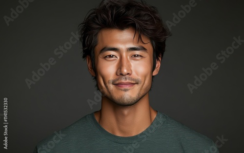 man with casual t-shirt is smiling at the camera, solid color background