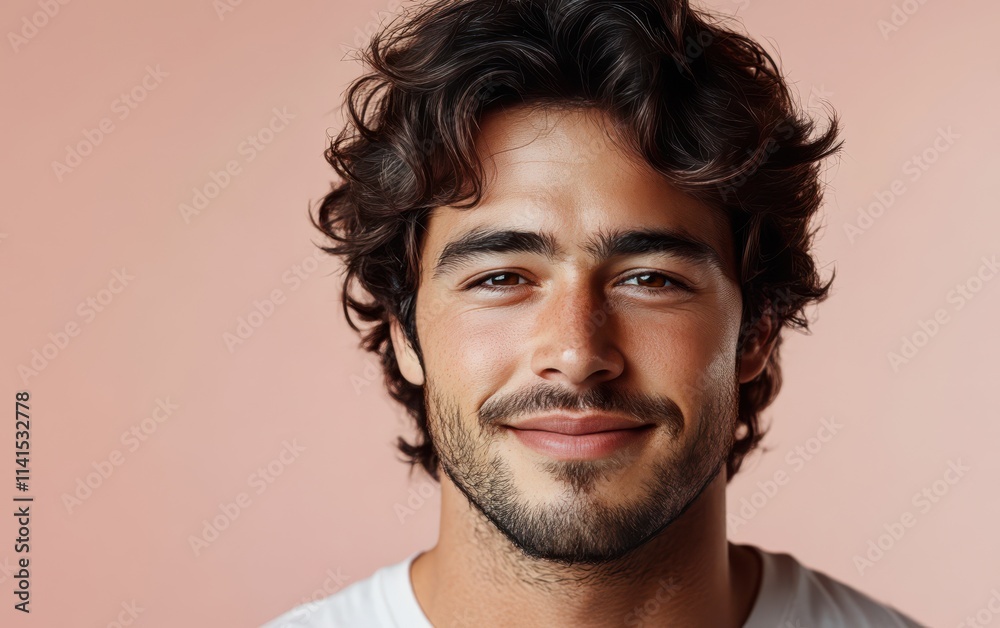 Obraz premium man with casual t-shirt is smiling at the camera, solid color background