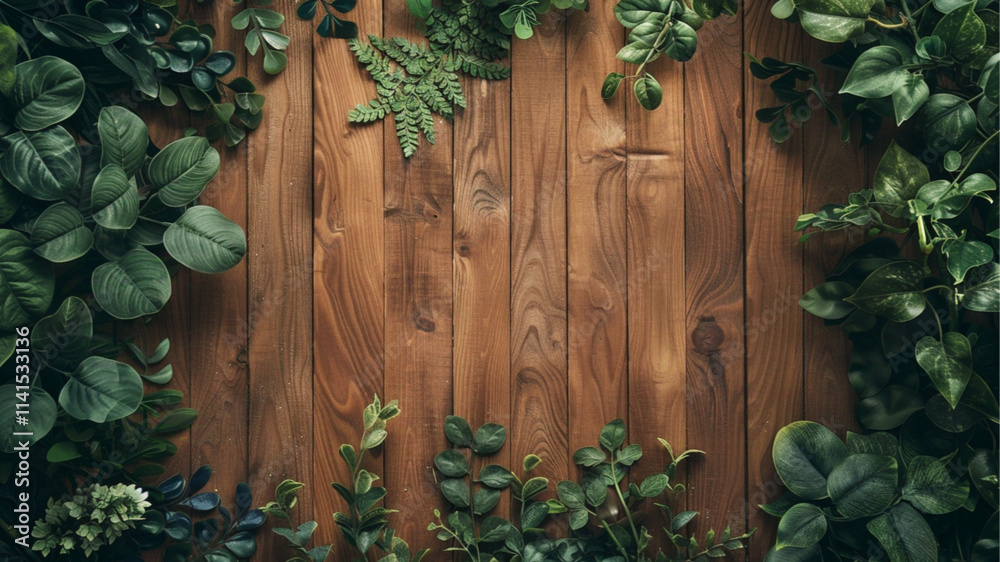 A warm wooden background with deep green soft earthy beige light tones, surrounded by subtle greenery, natural and minimalist atmosphere, organic and calming, smooth texture