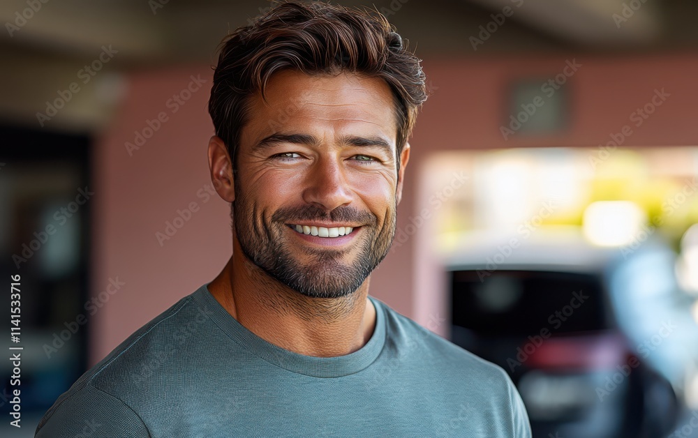 Obraz premium man with casual t-shirt is smiling at the camera, blurred room background