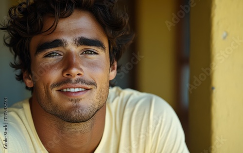 man with casual t-shirt is smiling at the camera, blurred room background