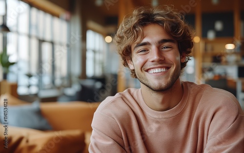 man with casual t-shirt is smiling at the camera, blurred background