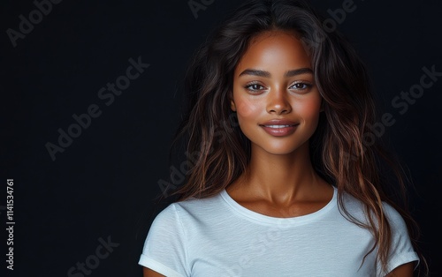 Africa American woman with curly hair is smiling in studio background