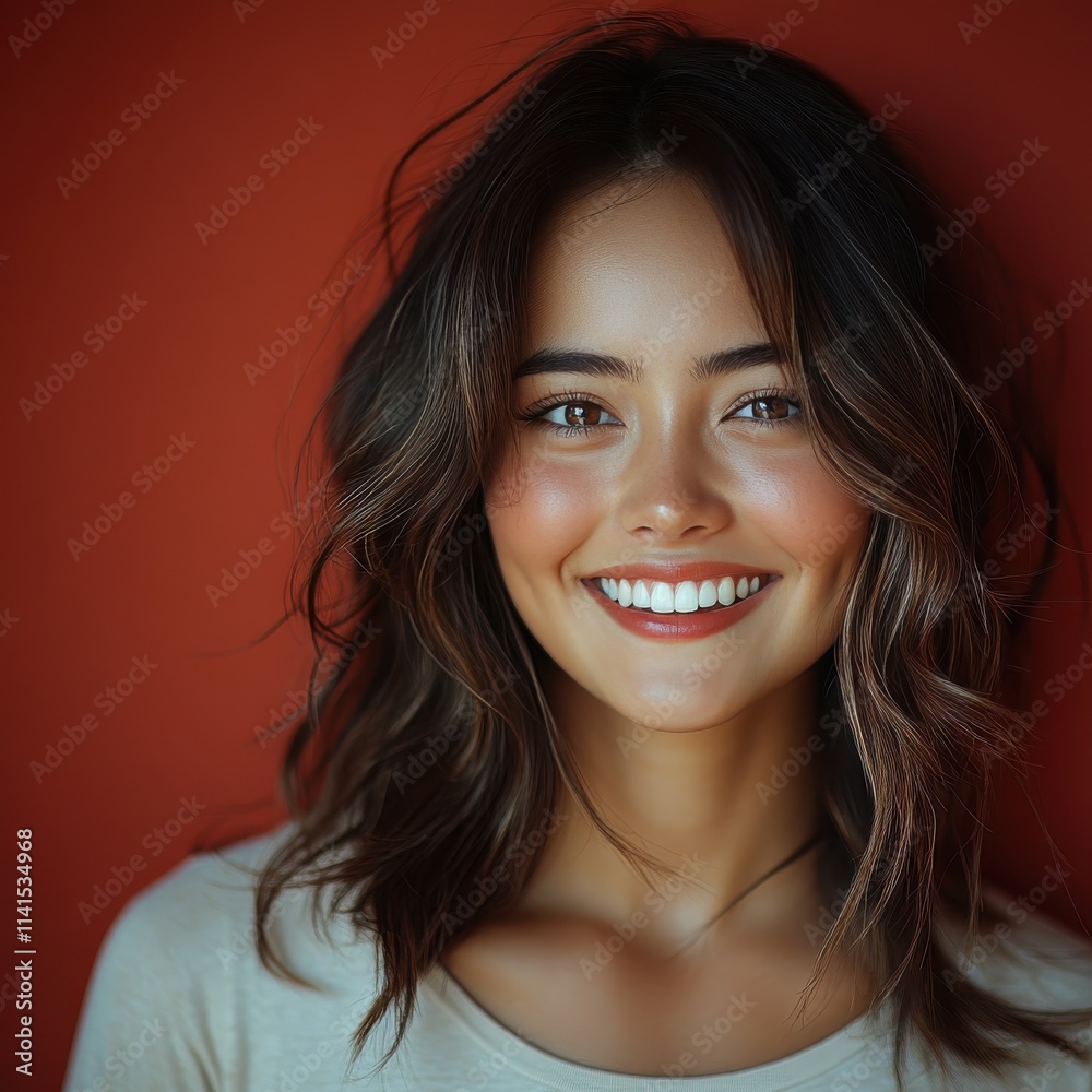 Asian woman smiling and wearing a t-shirt in studio color background Asian woman smiling and wearing a t-shirt in studio color background