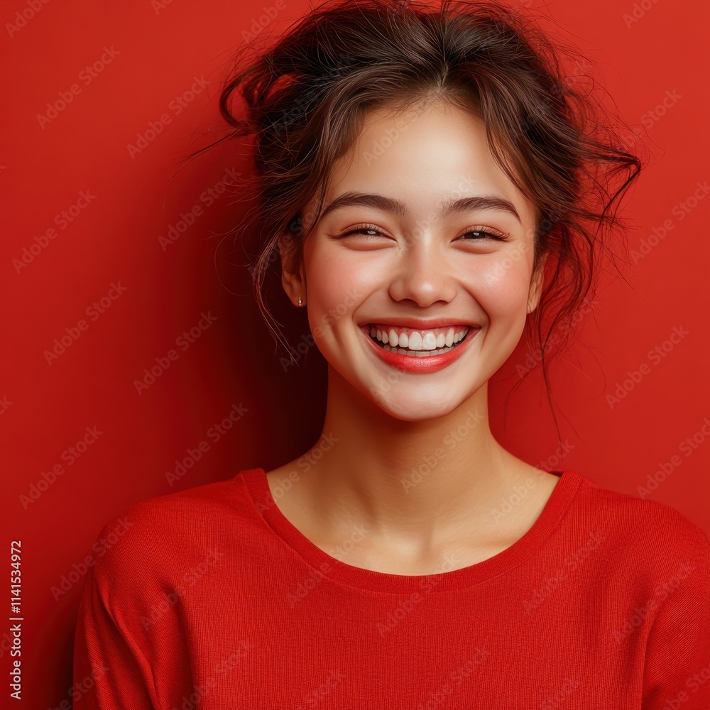 Asian woman smiling and wearing a t-shirt in studio color background Asian woman smiling and wearing a t-shirt in studio color background