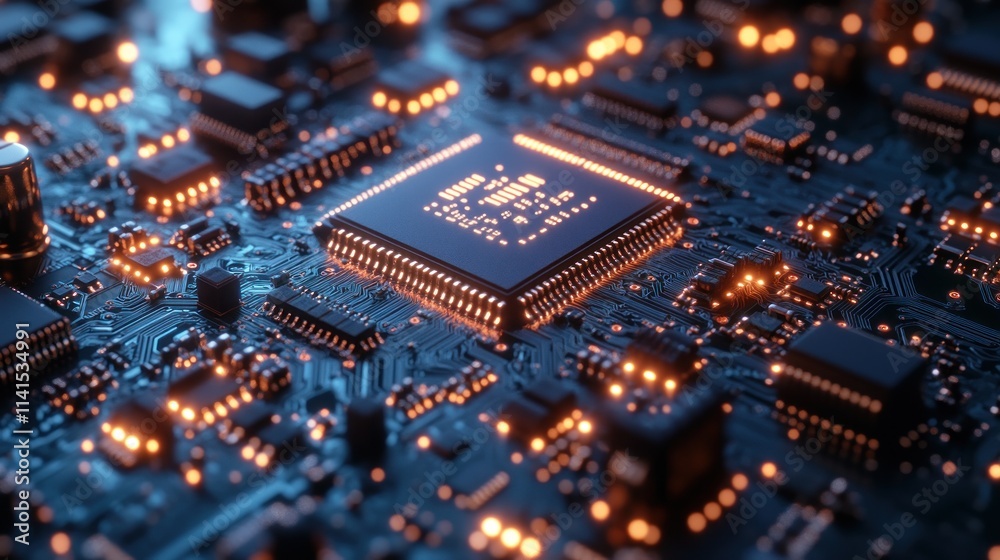 Closeup circuit board processor with glowing neon light lines Closeup circuit board processor with glowing neon light lines