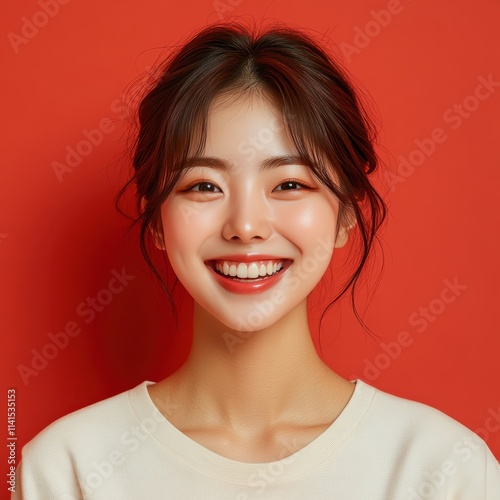 Asian woman smiling and wearing a t-shirt in studio color background