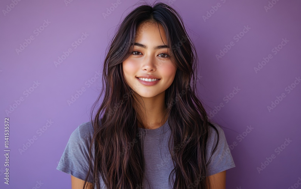 Asian woman smiling and wearing a t-shirt in studio color background Asian woman smiling and wearing a t-shirt in studio color background