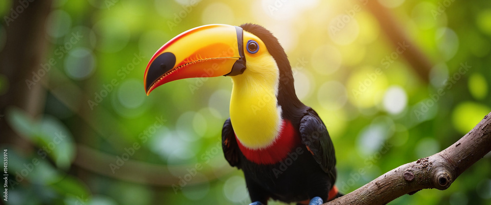 Fototapeta premium Brightly colored toucan perched on a branch in lush tropical forest during World Wildlife Day celebration