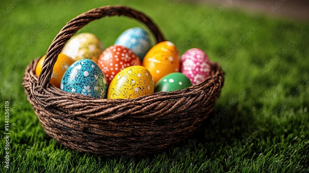 Colorful Easter eggs arranged in a woven basket on green grass for a festive spring celebration Colorful Easter eggs arranged in a woven basket on green grass for a festive spring celebration