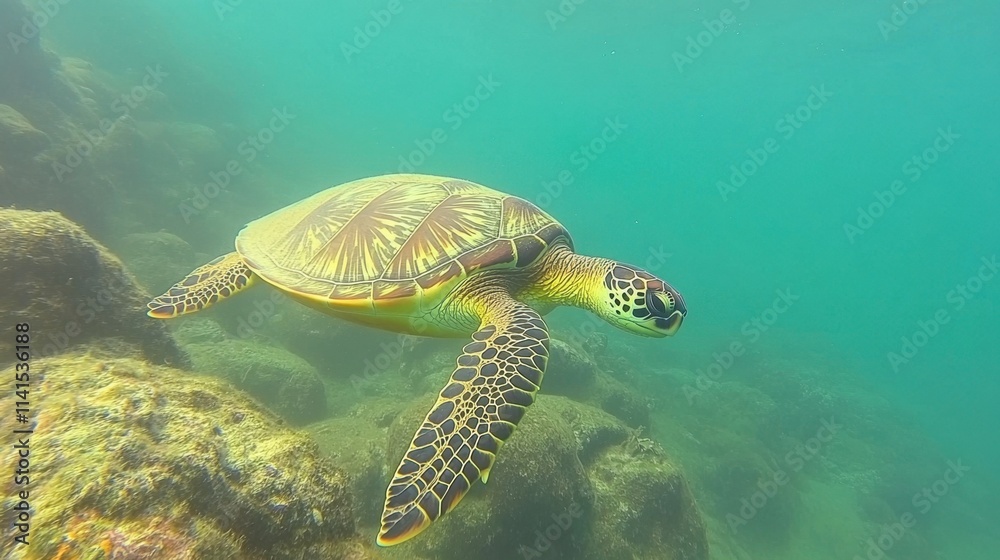 Fototapeta premium Graceful sea turtle swimming through vibrant underwater ecosystem