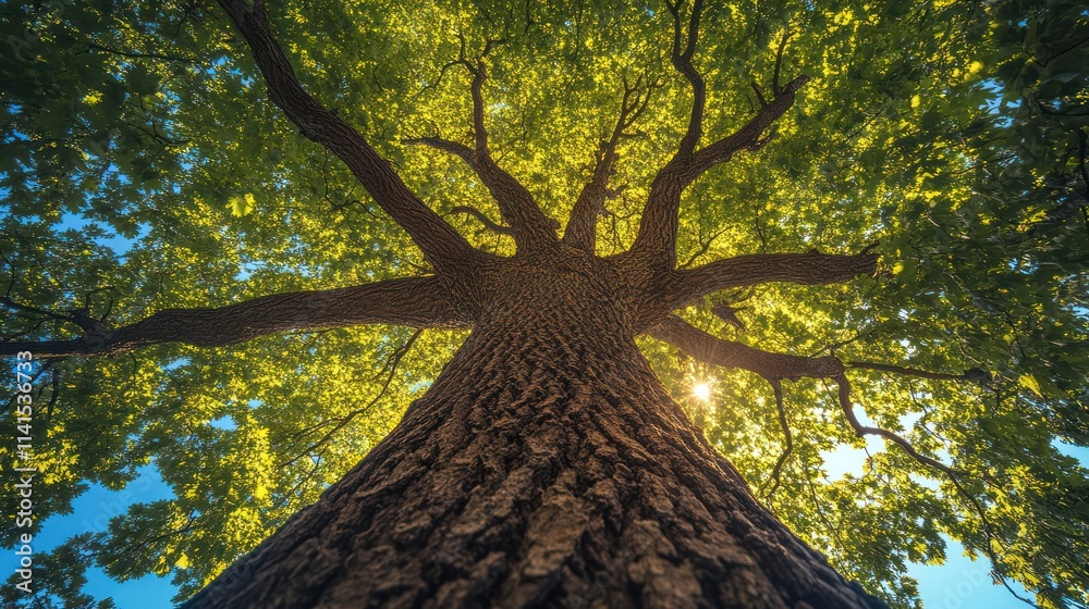 Naklejka premium Majestic tree canopy viewed from below. Sunlight streams through lush foliage.