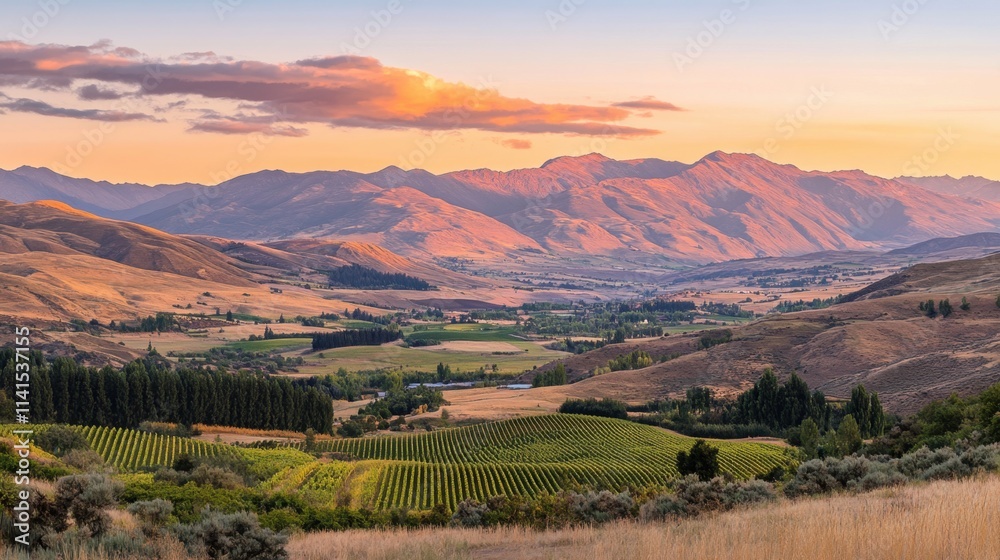 Serene Sunset Over Rolling Hills and Vineyards in a Mountainous Landscape Serene Sunset Over Rolling Hills and Vineyards in a Mountainous Landscape