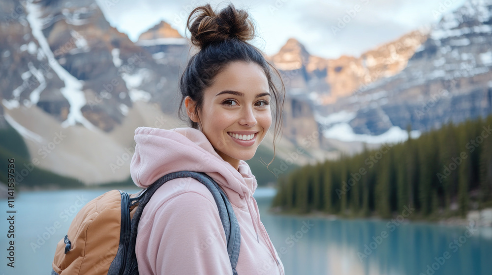 French woman in pastel wear hiking at Moraine Lake Banff National Park Canada French woman in pastel wear hiking at Moraine Lake Banff National Park Canada
