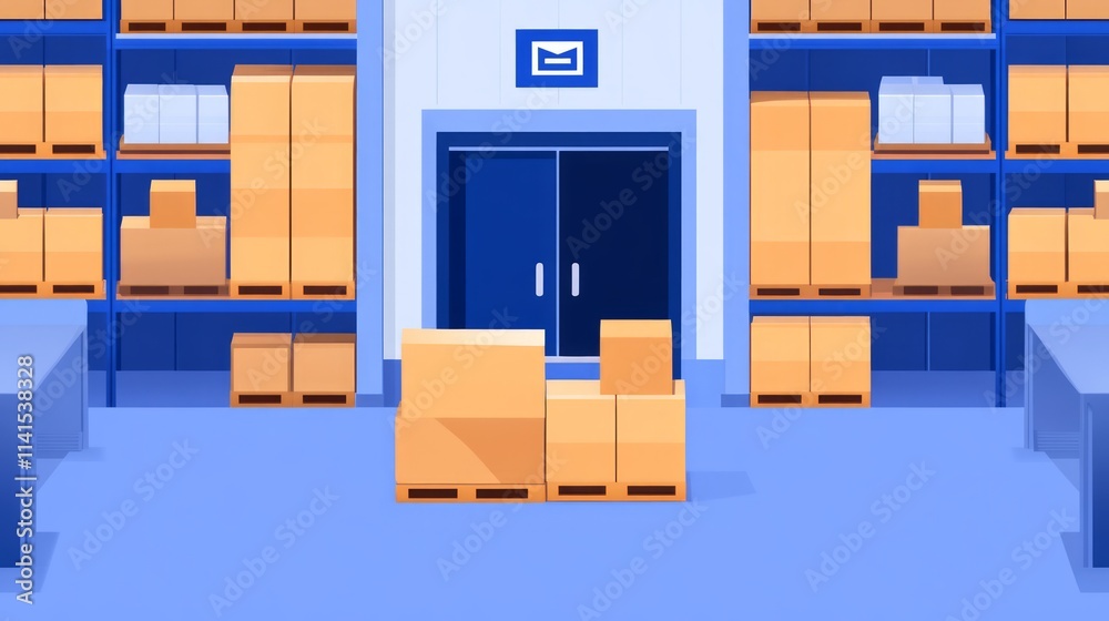 Modern Warehouse Interior with Stacked Cardboard Boxes and Pallets, Ideal for Logistics, Shipping, Storage Solutions, or E-commerce Visuals in a Clean, Organized Space Modern Warehouse Interior with Stacked Cardboard Boxes and Pallets, Ideal for Logistics, Shipping, Storage Solutions, or E-commerce Visuals in a Clean, Organized Space