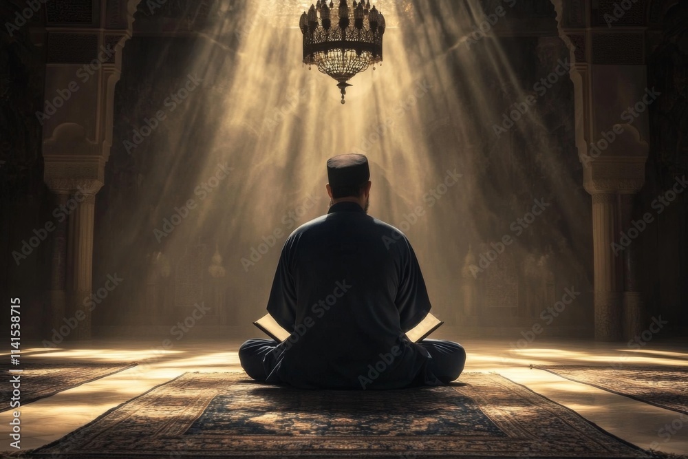 Devout Muslim elder reading Quran in dimly lit mosque before prayer image Devout Muslim elder reading Quran in dimly lit mosque before prayer image
