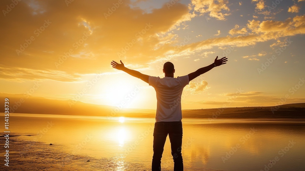 Fototapeta premium Young freemen silhouettes with open arms in prayer at sunset, technology