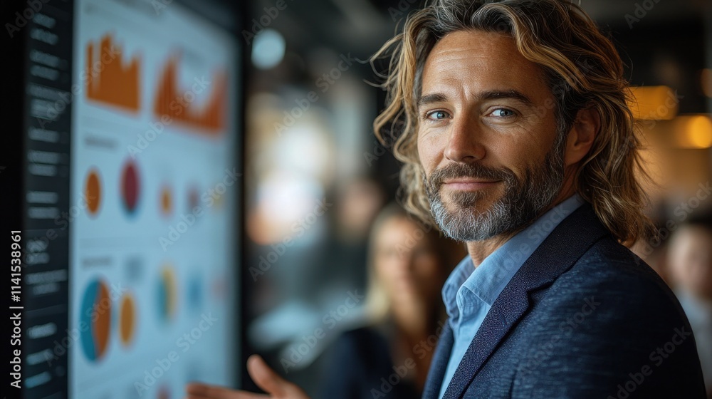 Professional man presenting data with display screen on modern office Professional man presenting data with display screen on modern office