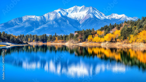 Stunning autumnal lake reflecting snow-capped mountains. Serene landscape photography perfect for travel brochures, calendars, and nature documentaries.