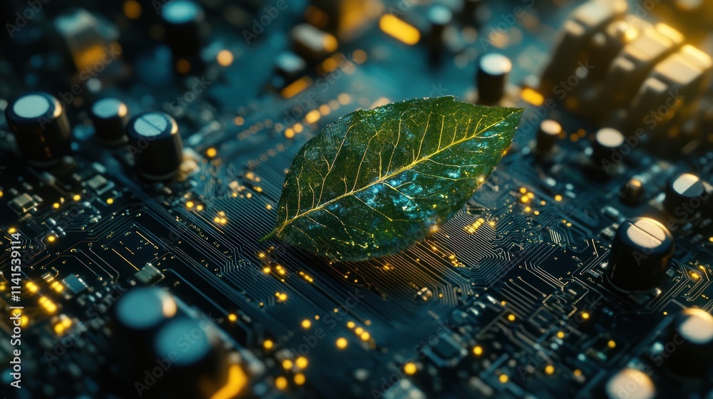 Fototapeta premium Green leaf on a circuit board. (1)