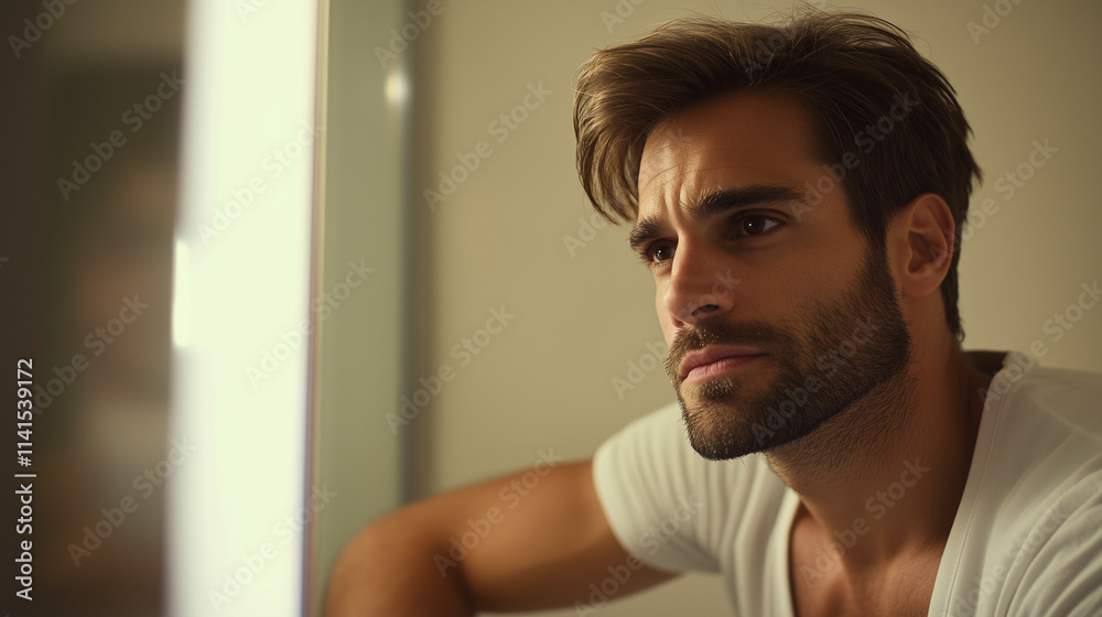 Close-up of man sitting on modern toilet looking slightly uncomfortable, clean minimalistic bathroom environment with copy space for text. Close-up of man sitting on modern toilet looking slightly uncomfortable, clean minimalistic bathroom environment with copy space for text.