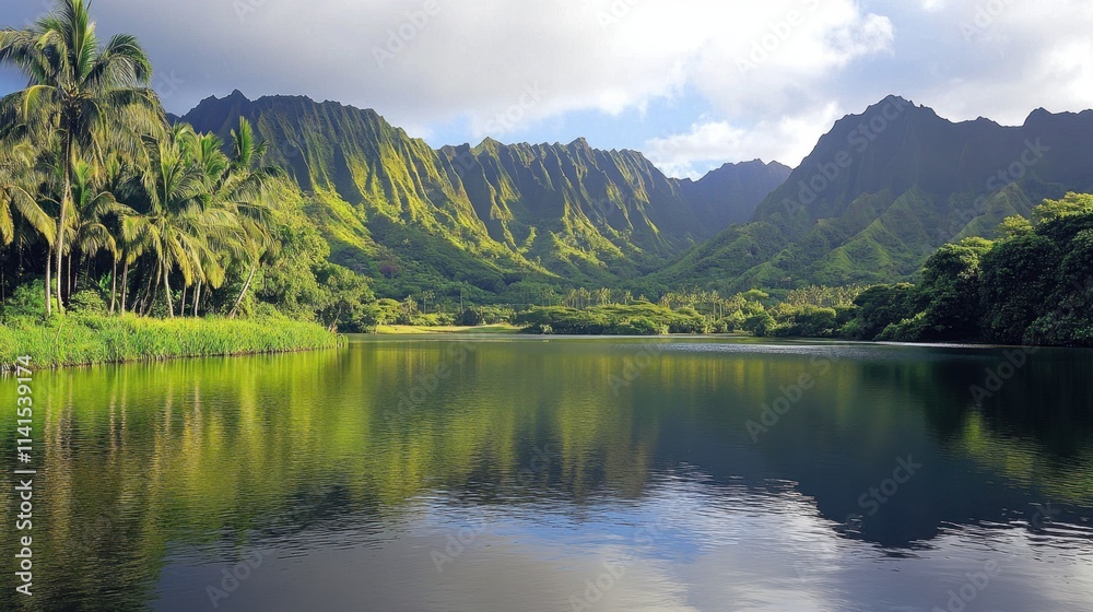 Serene Mountain Landscape with Lush Green Hills and Calm Water Reflection Serene Mountain Landscape with Lush Green Hills and Calm Water Reflection
