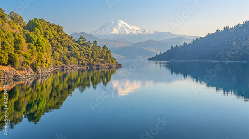 Serene lake reflecting snow-capped mountain, lush green hillsides. Perfect for travel, nature, and tranquility themes. photo