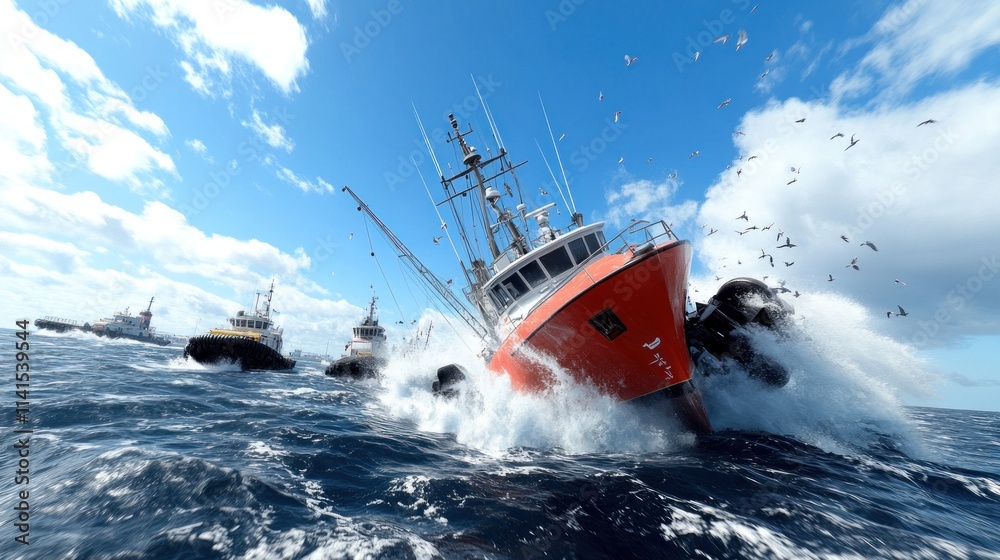 Obraz premium Rescue boats navigating turbulent waters with seagulls overhead.