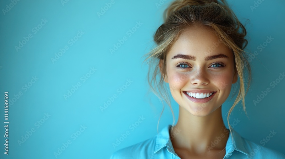 Fototapeta premium Beauty girl smiling and wearing a t-shirt in studio color background