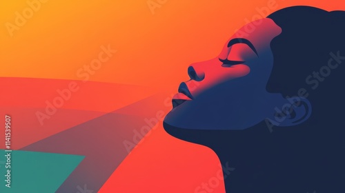 Abstract portrait of a woman in profile against a vibrant gradient background, showcasing serene expression and modern artistic design elements. photo