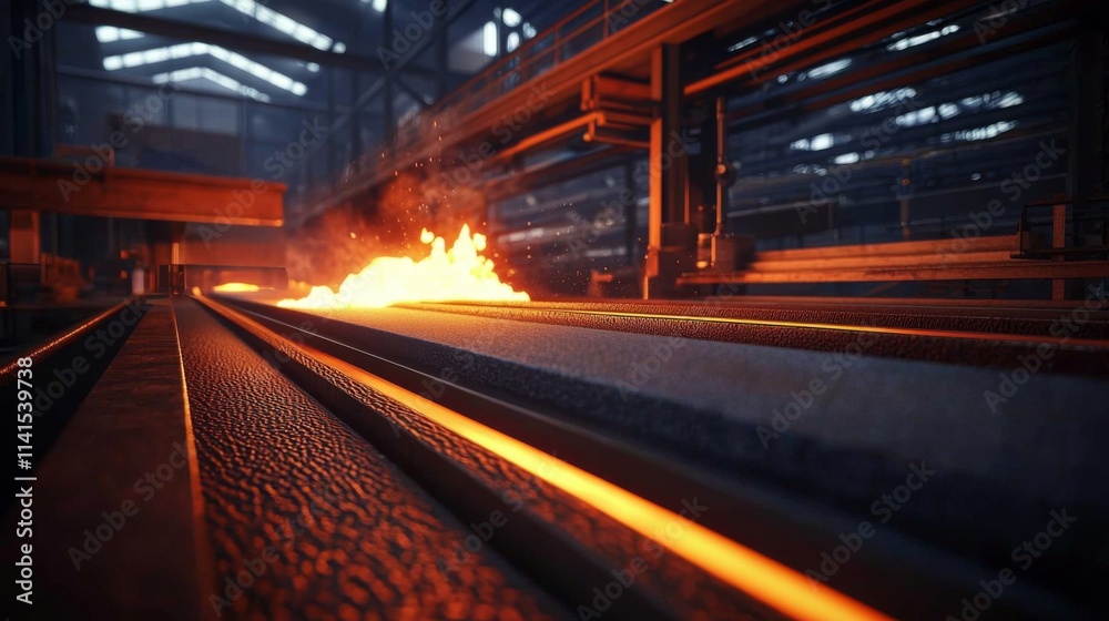 Steel Rolling Mill with Close-up View of Rolling and Cooling Process