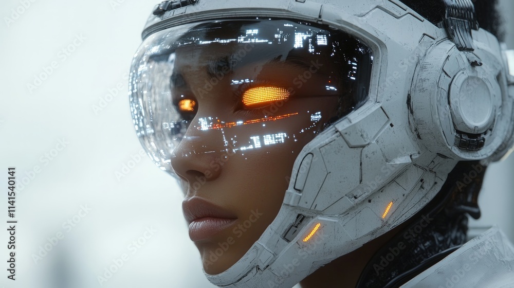 Futuristic helmet, woman's face, digital interface. Futuristic helmet, woman's face, digital interface.