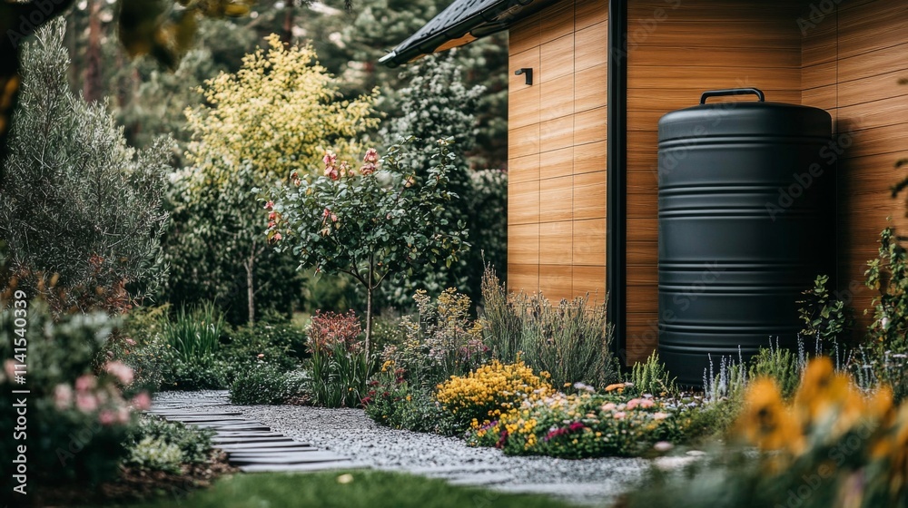 Naklejka premium Rainwater Harvesting System Featuring Water Tank and High-Quality Filtration Unit - Eco-Friendly Infrastructure Solution for Sustainability