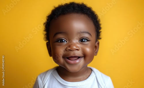 Africa American young boy with hair and a t-shirt is smiling