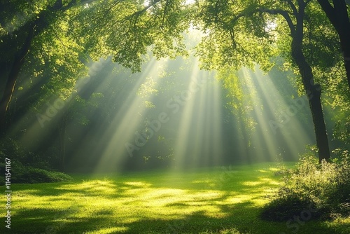 with tranquil rays of sunlight piercing through the trees  Generative AI