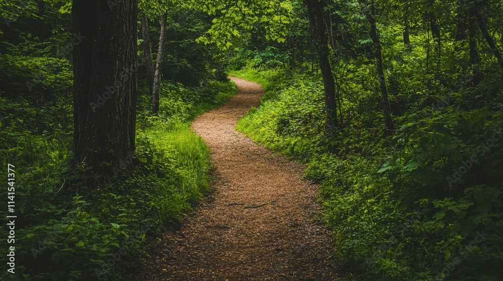 Serene Forest Pathway Through Lush Green Foliage and Vibrant Scenery Serene Forest Pathway Through Lush Green Foliage and Vibrant Scenery