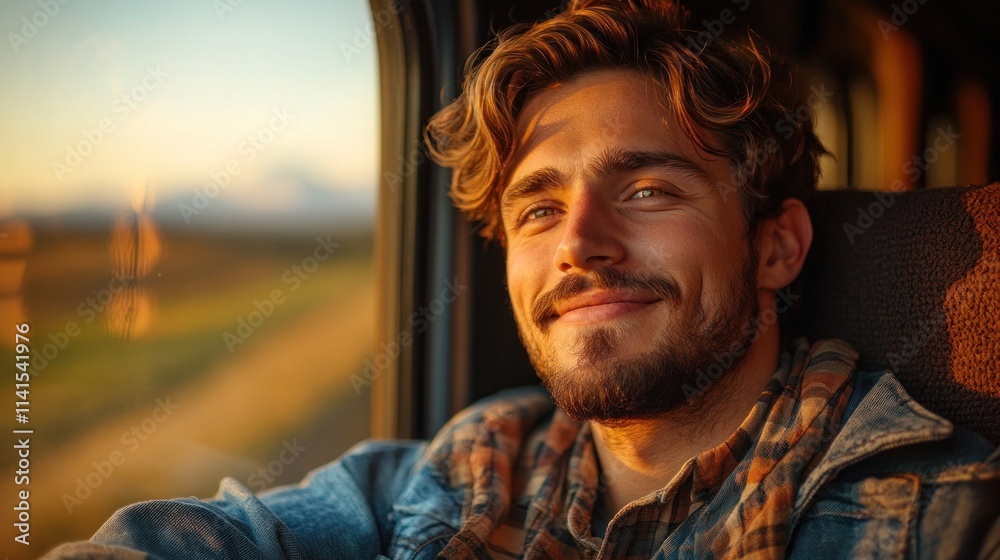 Smiling man looking out on train window at sunset