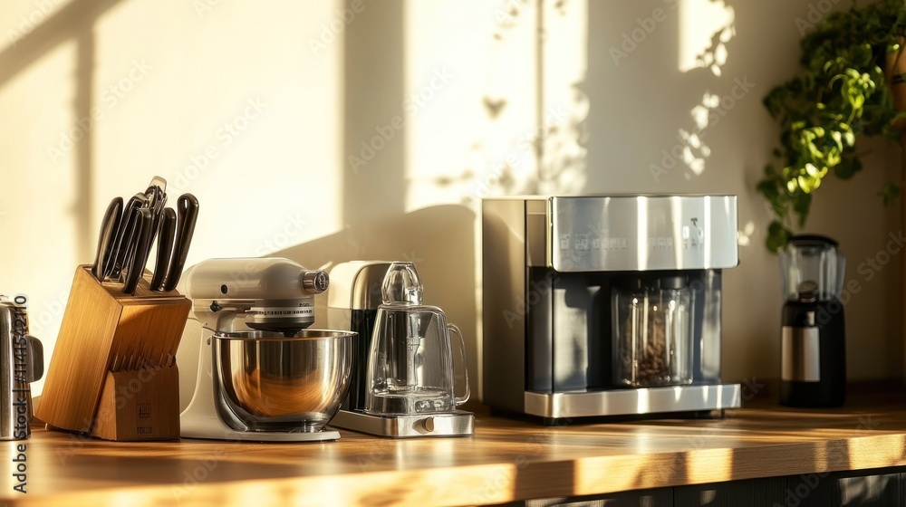 A well-lit kitchen countertop with various appliances and utensils for food preparation. A well-lit kitchen countertop with various appliances and utensils for food preparation.