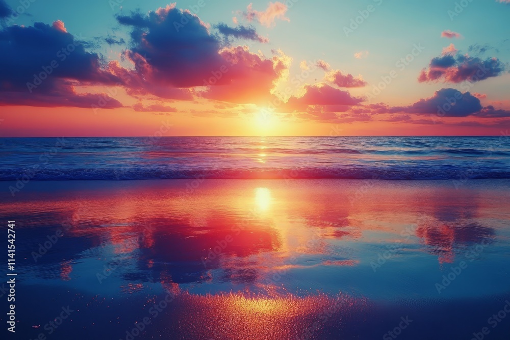 with a sunset reflected on the wet sand, Generative AI with a sunset reflected on the wet sand, Generative AI