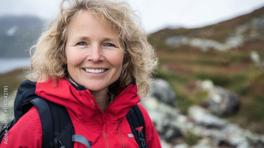 Smiling Woman in Red Jacket Surrounded by Nature and Scenic Landscape Smiling Woman in Red Jacket Surrounded by Nature and Scenic Landscape