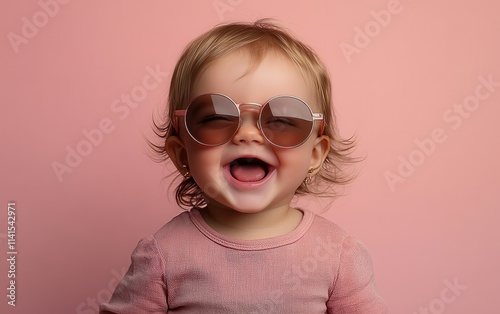 Asian girl smiling with sunglasses in studio color background